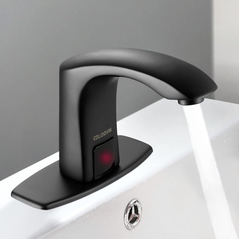 CDLODIN Touchless Bathroom Sink Faucet Modern Brass Automatic Sensor Hands Free Lavatory Single Hole Matte Black Bathroom Faucets with Hole Cover Plate - Image 1